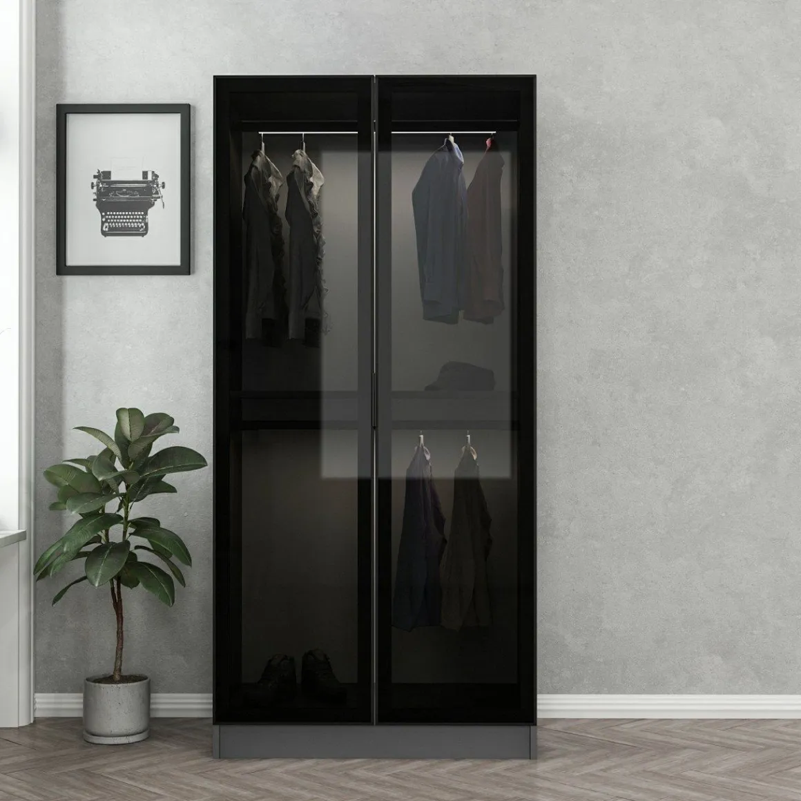 Guardaroba 2 Ante > Dmora Guardaroba 2 Ante Nero Antracite Marrone Rovere 2 Ripiani 2 Ante 77x119h cm, Apertura Scorrevole - Stelvio Marrone Rovere, Nero Antracite