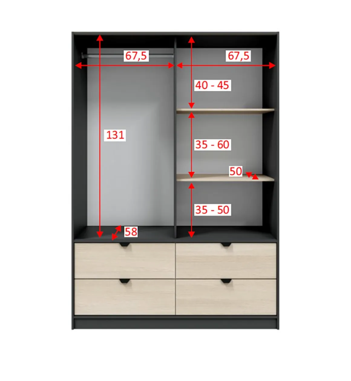 Guardaroba 2 Ante > Dmora Guardaroba 2 Ante Nero Antracite Marrone Rovere 4 Ripiani 2 Ante 100x119h cm, Apertura Scorrevole - Resana Marrone Rovere, Nero Antracite