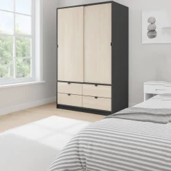 Guardaroba 2 Ante > Dmora Guardaroba 2 Ante Nero Antracite Marrone Rovere 4 Ripiani 2 Ante 100x119h cm, Apertura Scorrevole - Resana Marrone Rovere, Nero Antracite