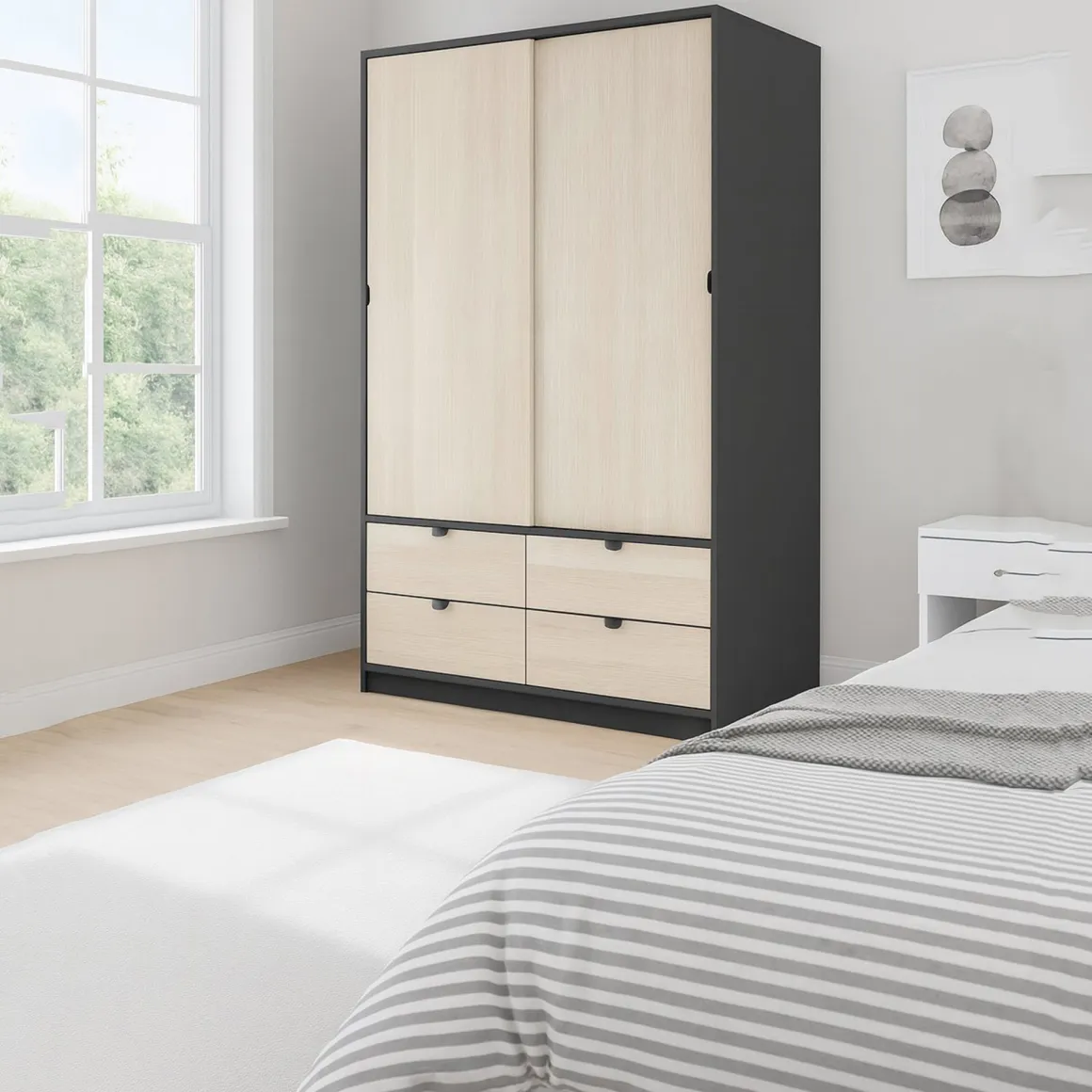 Guardaroba 2 Ante > Dmora Guardaroba 2 Ante Nero Antracite Marrone Rovere 4 Ripiani 2 Ante 100x119h cm, Apertura Scorrevole - Resana Marrone Rovere, Nero Antracite