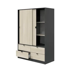 Guardaroba 2 Ante > Dmora Guardaroba 2 Ante Nero Antracite Marrone Rovere 4 Ripiani 2 Ante 100x119h cm, Apertura Scorrevole - Resana Marrone Rovere, Nero Antracite