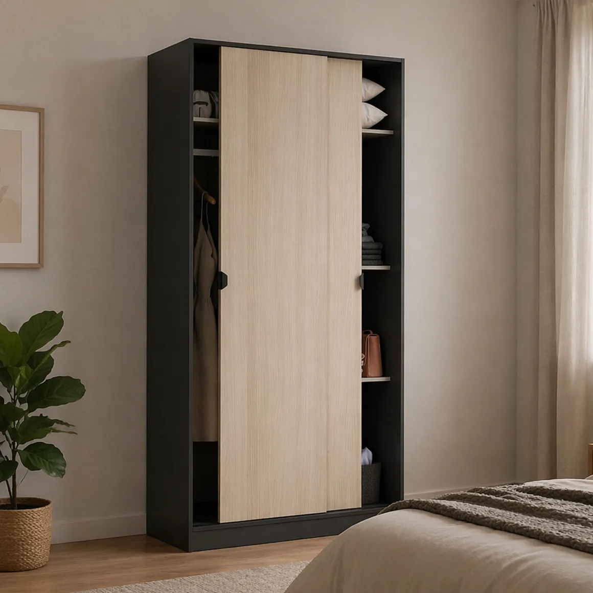 Guardaroba 2 Ante > Dmora Guardaroba 2 Ante Nero Antracite Marrone Rovere Nodi Appendiabiti un Ripiano 79x208h cm, 2 Ante - Venas Marrone Rovere nodi, Nero Antracite