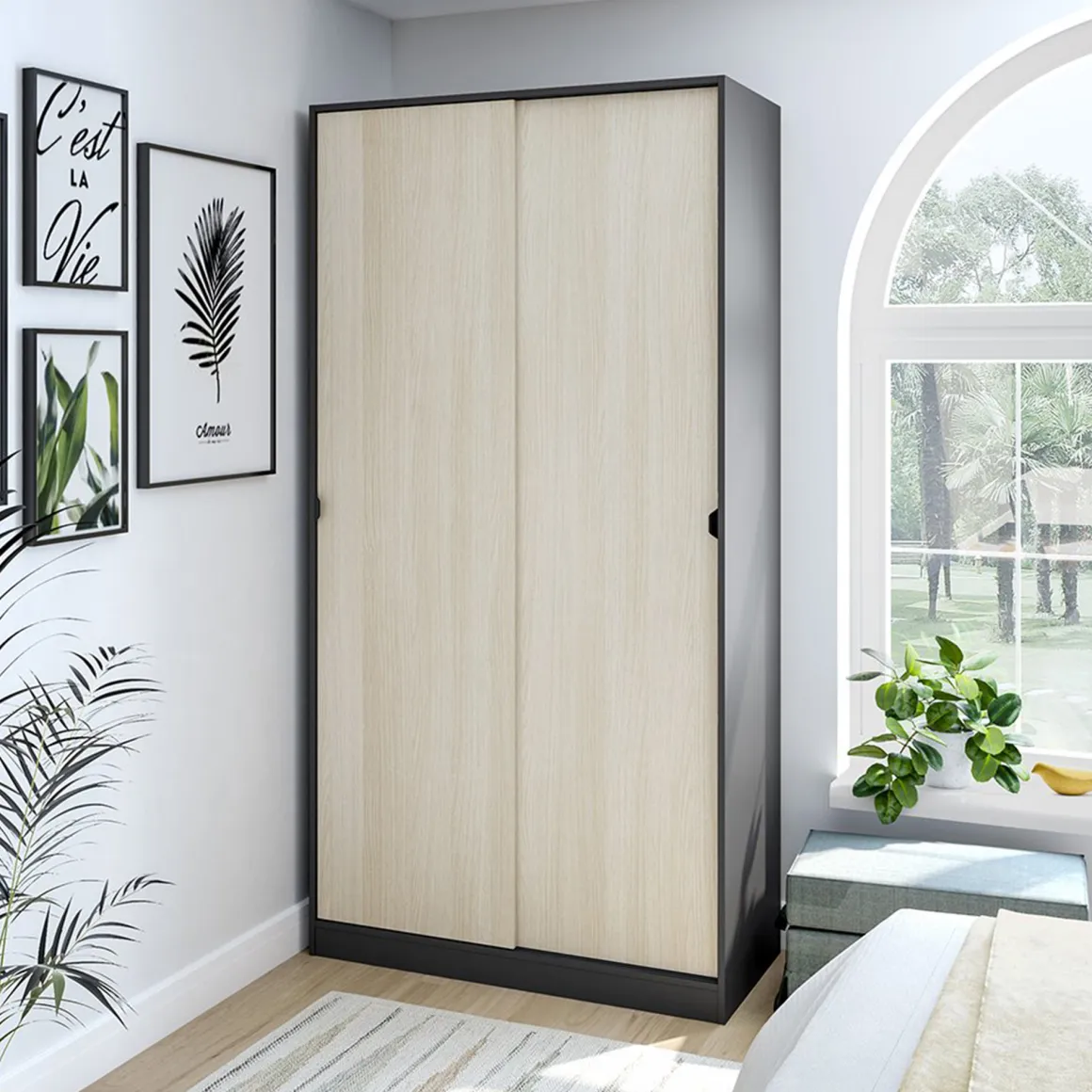Guardaroba 2 Ante > Dmora Guardaroba 2 Ante Nero Antracite Marrone Rovere Nodi Appendiabiti un Ripiano 79x208h cm, 2 Ante - Venas Marrone Rovere nodi, Nero Antracite