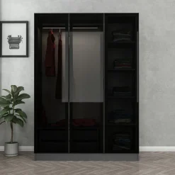 Guardaroba 3 Ante > Dmora Guardaroba 3 Ante Nero Antracite Marrone Rovere 4 Ripiani Appendiabiti 150x50 cm, 3 Ante - Senales Marrone Rovere, Nero Antracite