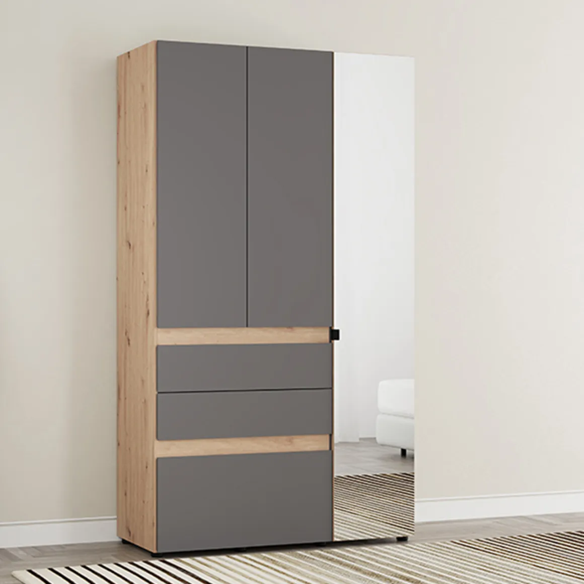 Guardaroba 3 Ante Nero Antracite Marrone Rovere Nodi Appendiabiti 3 Cassetti 117x52 cm, 4 Ripiani - Zuccare