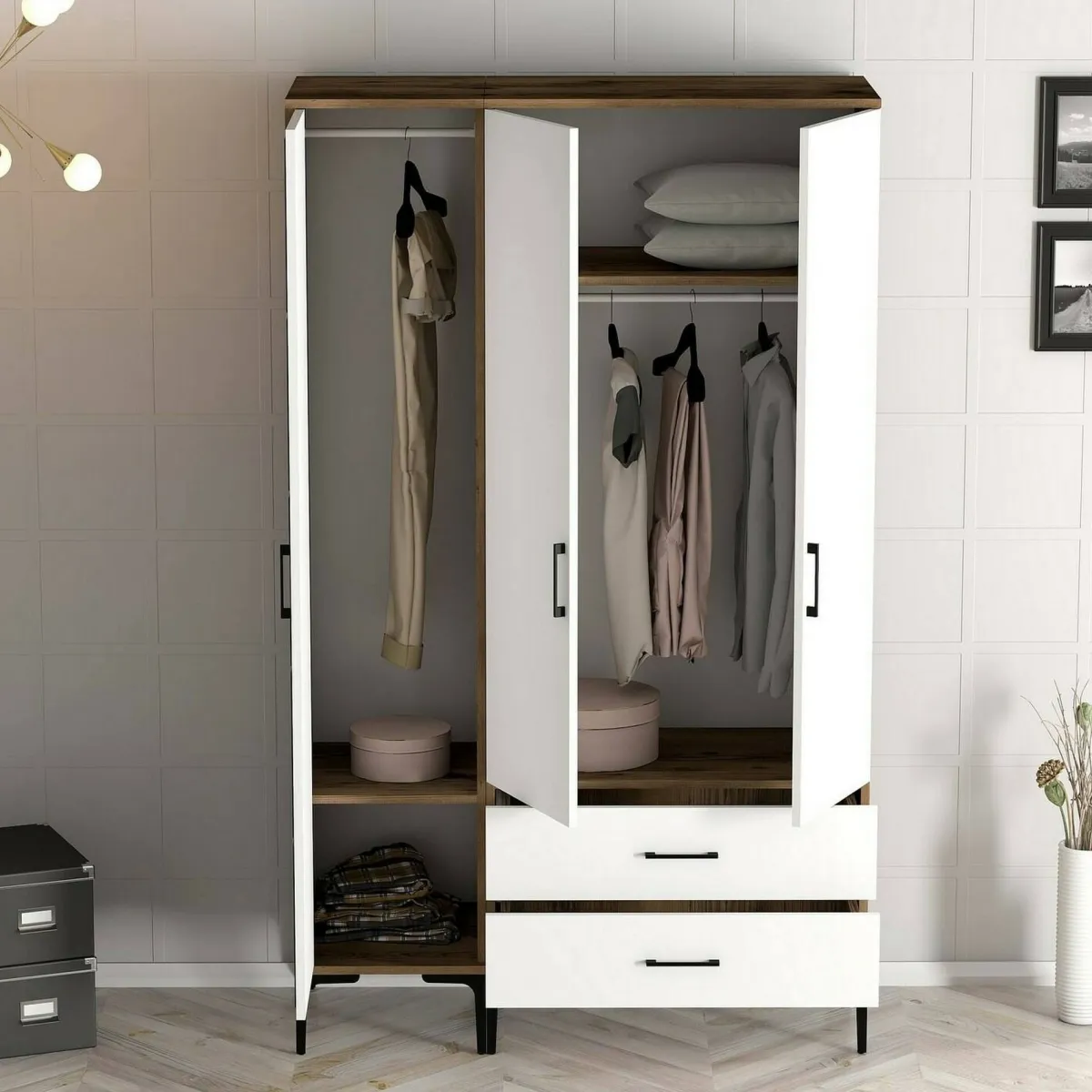 Guardaroba 3 Ante|Camera Da Letto > Dmora Guardaroba 3 ante noce e bianco 120x201h cm - Awty Bianco, Marrone Noce