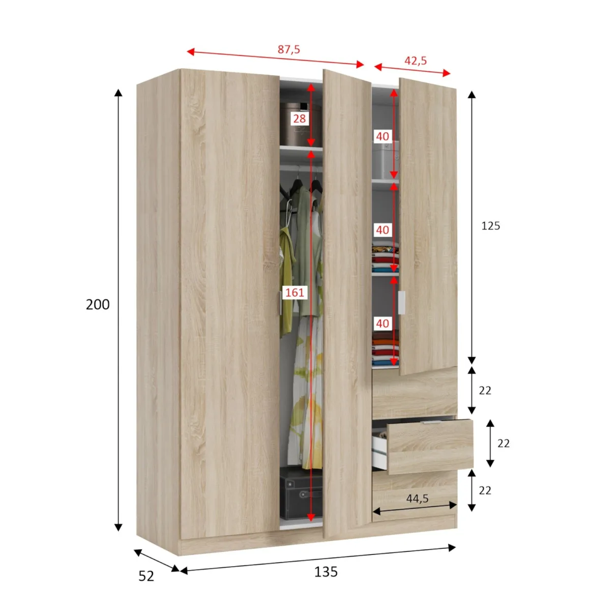 Guardaroba 3 ante rovere 135x200h cm - Ade