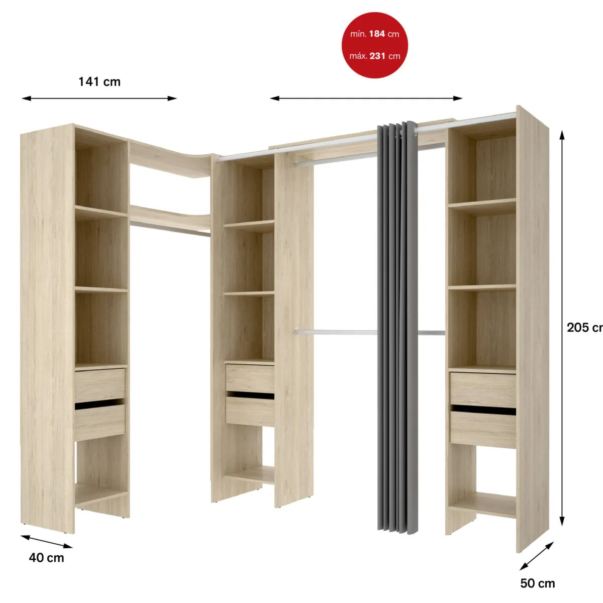 Cabine Armadio|Altri Guardaroba > Dmora Guardaroba classico rovere 234x205h cm - Alanno Marrone Rovere