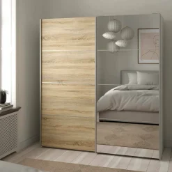 Guardaroba 3 Ante > Dmora Guardaroba con specchio quercia e bianco lucido 181x200h cm - Astrolabio Bianco Lucido, Marrone Quercia