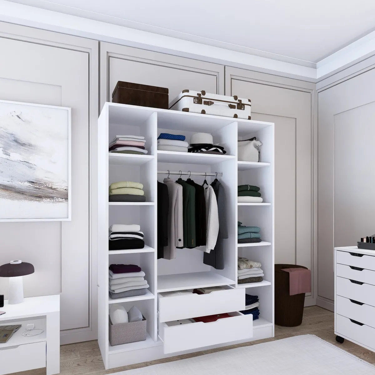 Altri Guardaroba > Dmora Guardaroba Grande Appendiabiti 9 Ripiani 140x182h cm, 2 Cassetti - Paterno Bianco