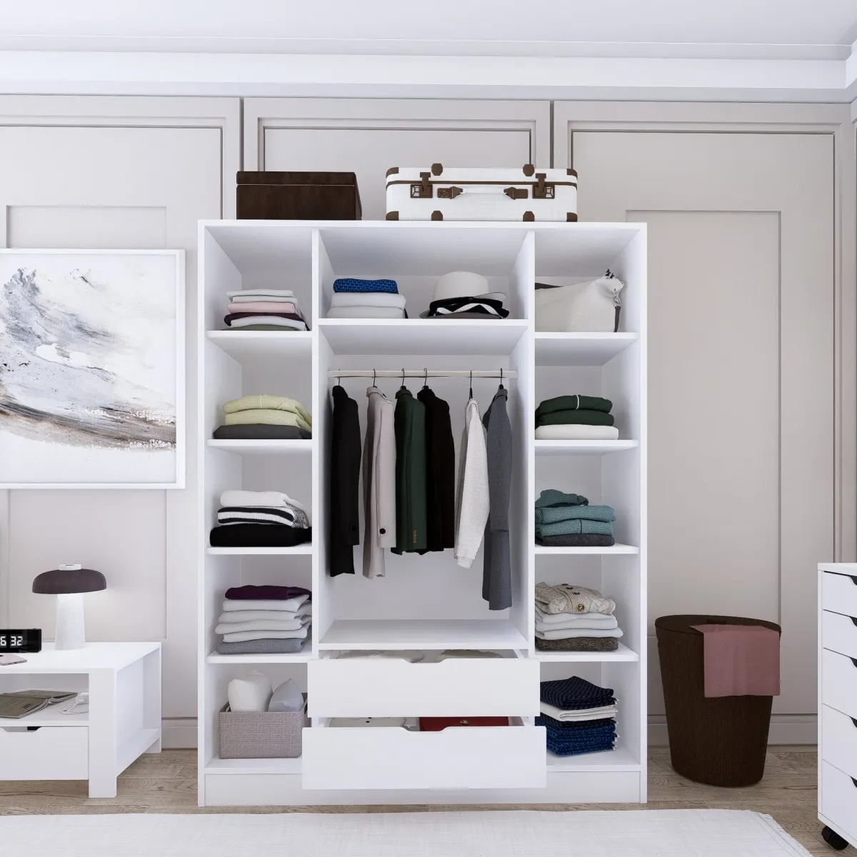 Altri Guardaroba > Dmora Guardaroba Grande Appendiabiti 9 Ripiani 140x182h cm, 2 Cassetti - Paterno Bianco