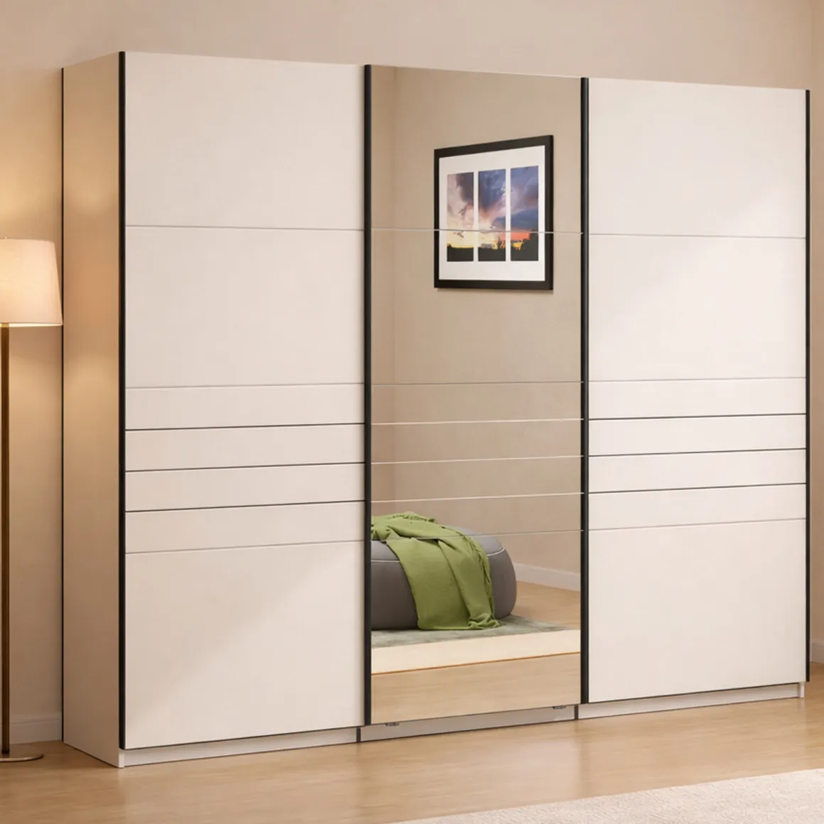 Altri Guardaroba > Dmora Guardaroba Grande Bianco Crema Nero Appendiabiti 4 Ripiani 155x208h cm, 6 Vani - Ifrane Nero, Bianco Crema