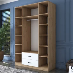 Altri Guardaroba > Dmora Guardaroba Grande Bianco Marrone Noce 10 Ripiani 2 Cassetti 243x181h cm, Appendiabiti - Madruzzo Marrone, Bianco Noce