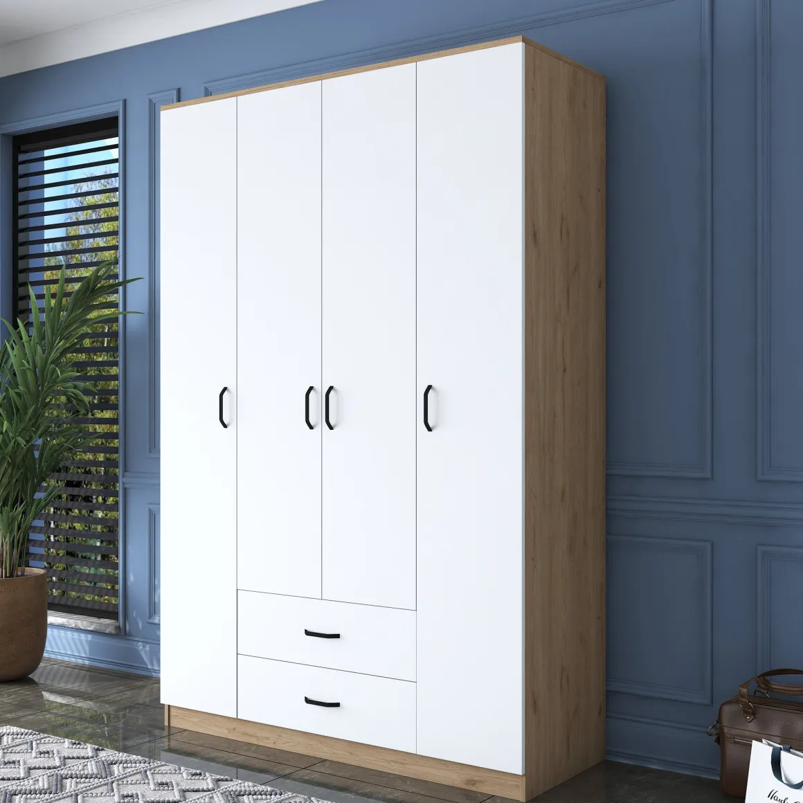 Guardaroba Grande Bianco Marrone Rovere 11 Ripiani 2 Cassetti 140x210h cm, Appendiabiti - Lavello