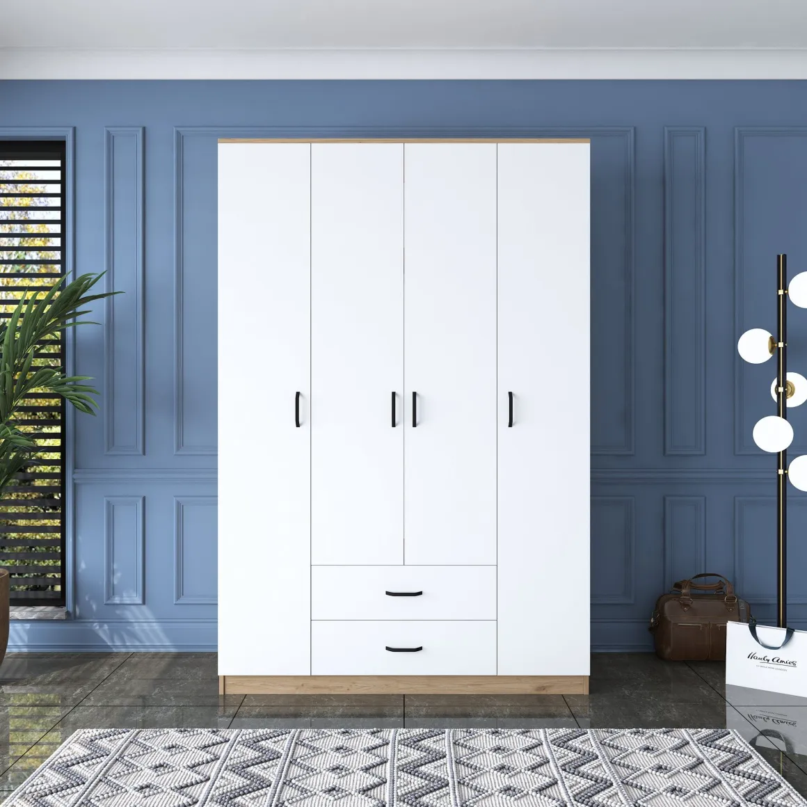 Guardaroba Grande Bianco Marrone Rovere 11 Ripiani 2 Cassetti 140x210h cm, Appendiabiti - Lavello