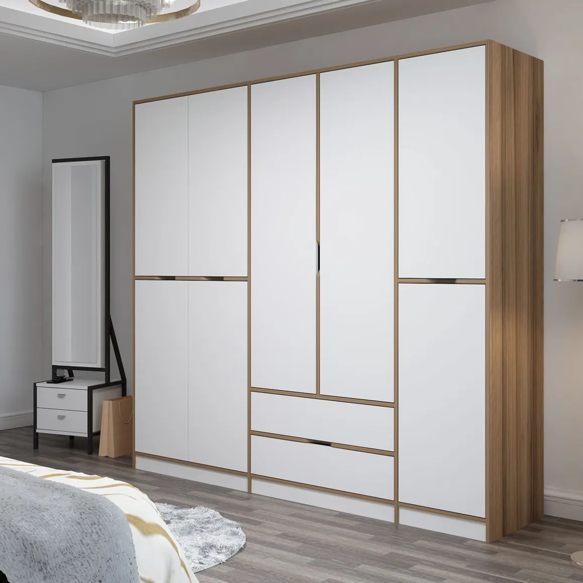 Guardaroba Grande Bianco Marrone Rovere 2 Cassetti Appendiabiti 232x208h cm, 8 Ripiani - Sarcedo