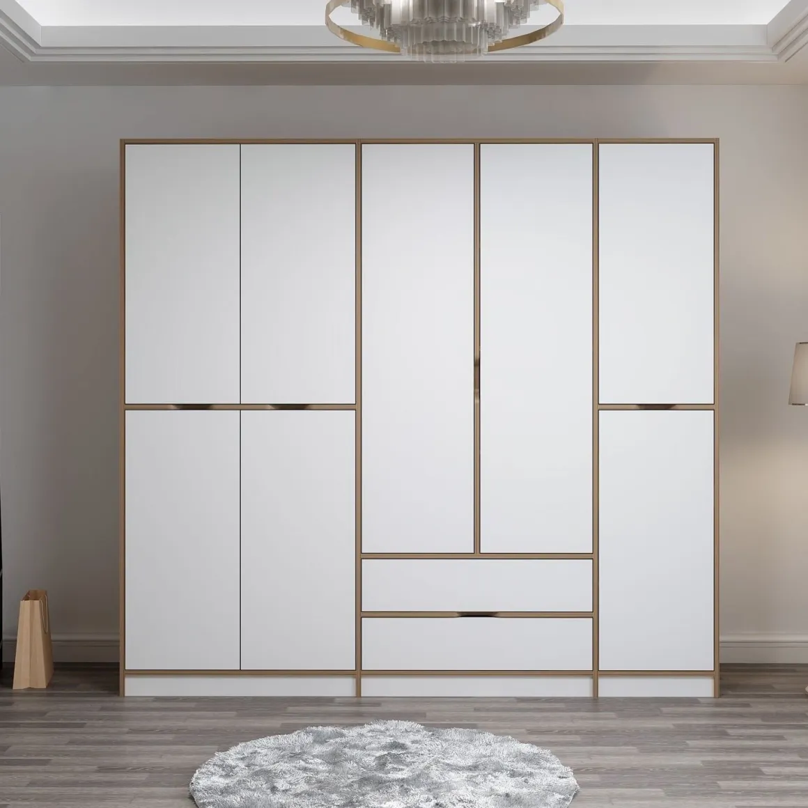 Guardaroba Grande Bianco Marrone Rovere 2 Cassetti Appendiabiti 232x208h cm, 8 Ripiani - Sarcedo