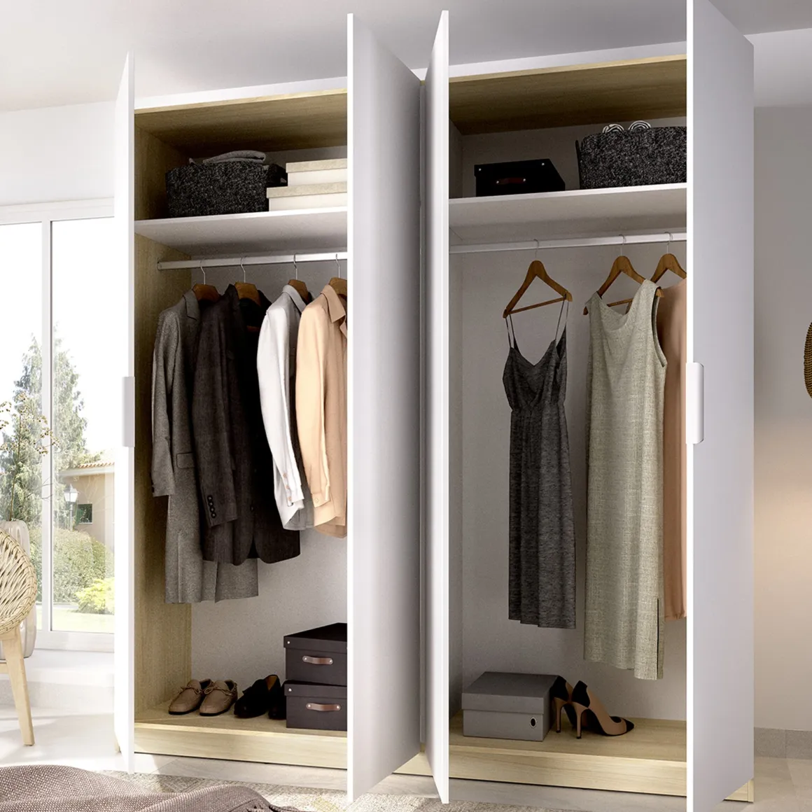 Guardaroba Grande Bianco Marrone Rovere 2 Ripiani Appendiabiti 51x204h cm, Cassetti - Holder