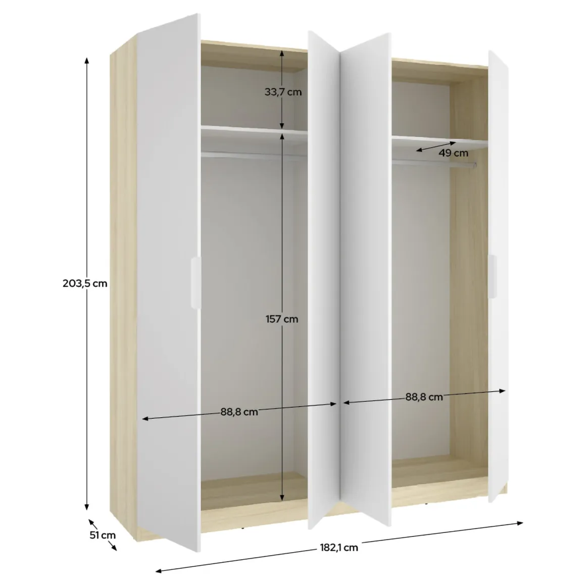 Guardaroba Grande Bianco Marrone Rovere 2 Ripiani Appendiabiti 51x204h cm, Cassetti - Holder