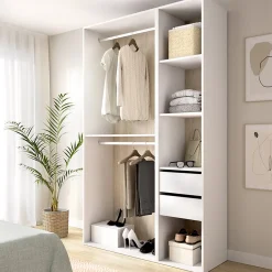 Altri Guardaroba > Dmora Guardaroba Grande Bianco Marrone Rovere 5 Ripiani 2 Cassetti 180x191h cm, Appendiabiti - Ton Marrone, Bianco Rovere