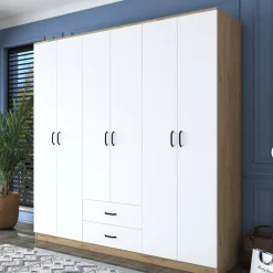 Cabine Armadio|Altri Guardaroba > Dmora Guardaroba Grande Bianco Marrone Rovere 5 Ripiani Appendiabiti 45x205h cm, 2 Cassetti - Rector Marrone Rovere, Bianco