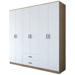 Cabine Armadio|Altri Guardaroba > Dmora Guardaroba Grande Bianco Marrone Rovere 5 Ripiani Appendiabiti 45x205h cm, 2 Cassetti - Rector Marrone Rovere, Bianco