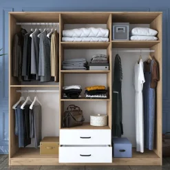 Guardaroba Grande Bianco Marrone Rovere 5 Ripiani 2 Cassetti 210x210h cm, Appendiabiti - Vandoies