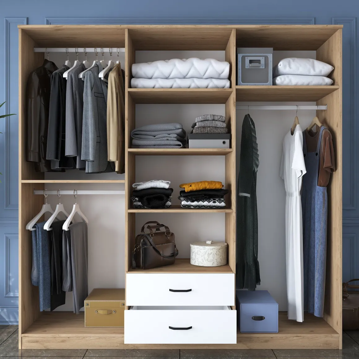 Guardaroba Grande Bianco Marrone Rovere 5 Ripiani 2 Cassetti 210x210h cm, Appendiabiti - Vandoies