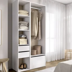 Guardaroba Grande Bianco Marrone Rovere 6 Ripiani Appendiabiti 45x205h cm, 2 Cassetti - Cornwell