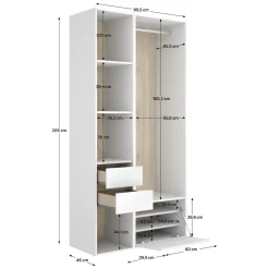 Guardaroba Grande Bianco Marrone Rovere 6 Ripiani Appendiabiti 45x205h cm, 2 Cassetti - Cornwell