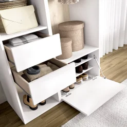 Guardaroba Grande Bianco Marrone Rovere 6 Ripiani Appendiabiti 45x205h cm, 2 Cassetti - Cornwell