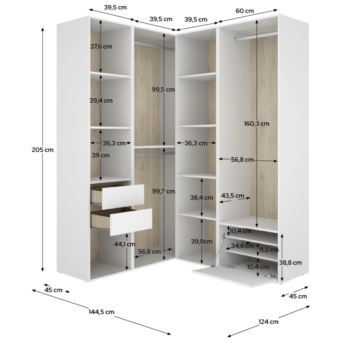 Cabine Armadio|Altri Guardaroba > Dmora Guardaroba Grande Bianco Marrone Rovere Modulabile 12 Ripiani 186x205h cm, Appendiabiti - Atwood Marrone Rovere, Bianco
