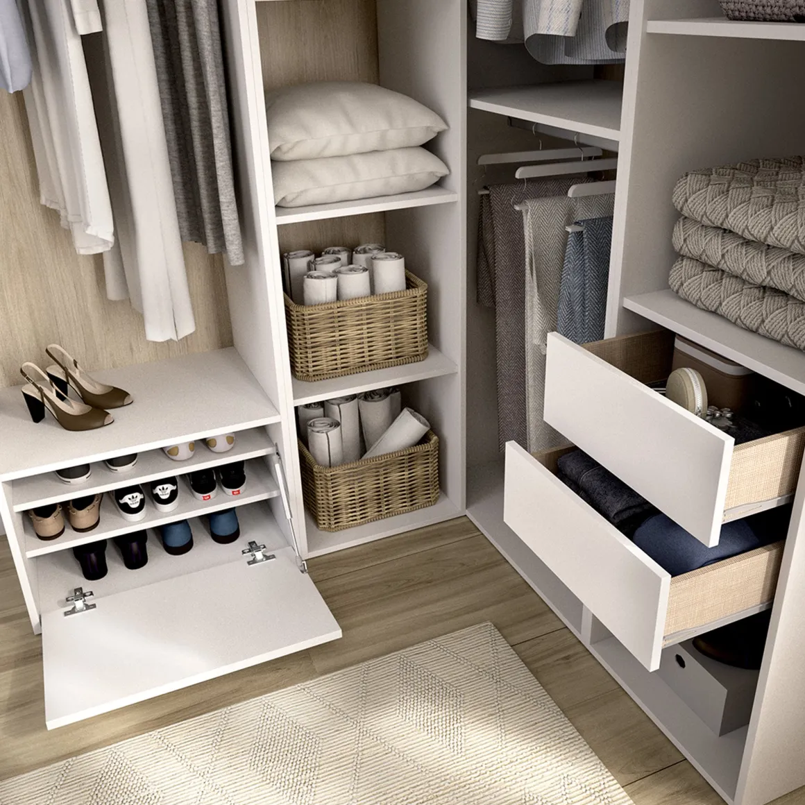 Cabine Armadio|Altri Guardaroba > Dmora Guardaroba Grande Bianco Marrone Rovere Modulabile 12 Ripiani 186x205h cm, Appendiabiti - Atwood Marrone Rovere, Bianco