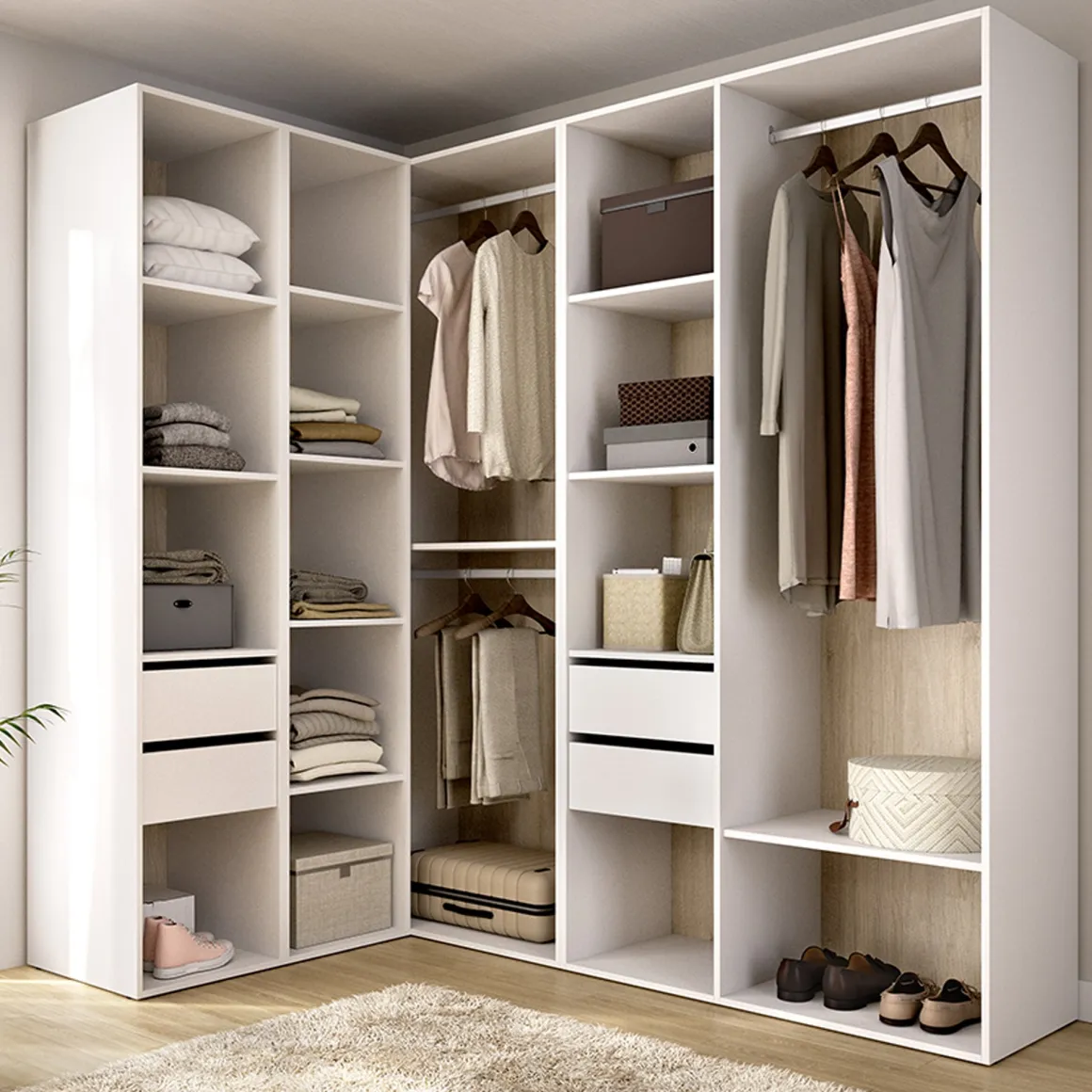 Guardaroba Grande Bianco Marrone Rovere Modulabile 12 Ripiani 186x205h cm, Appendiabiti - Boughton