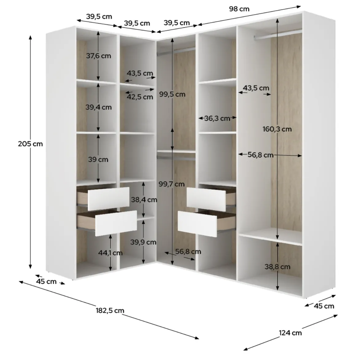 Guardaroba Grande Bianco Marrone Rovere Modulabile 12 Ripiani 186x205h cm, Appendiabiti - Boughton