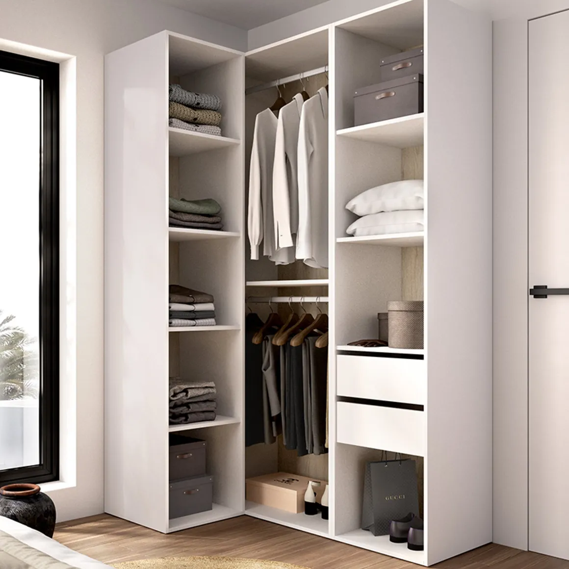 Altri Guardaroba > Dmora Guardaroba Grande Bianco Marrone Rovere Nodi 4 Ripiani 2 Cassetti 179x226.5h cm, Appendiabiti - Merlino Marrone, Bianco Rovere Nodi