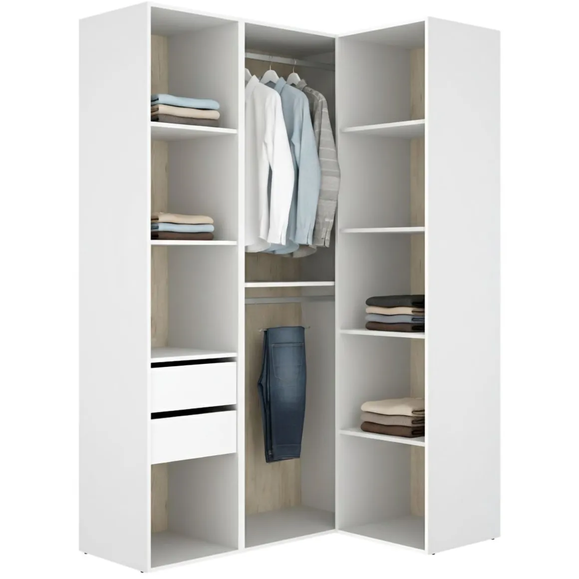 Altri Guardaroba > Dmora Guardaroba Grande Bianco Marrone Rovere Nodi 4 Ripiani 2 Cassetti 179x226.5h cm, Appendiabiti - Merlino Marrone, Bianco Rovere Nodi