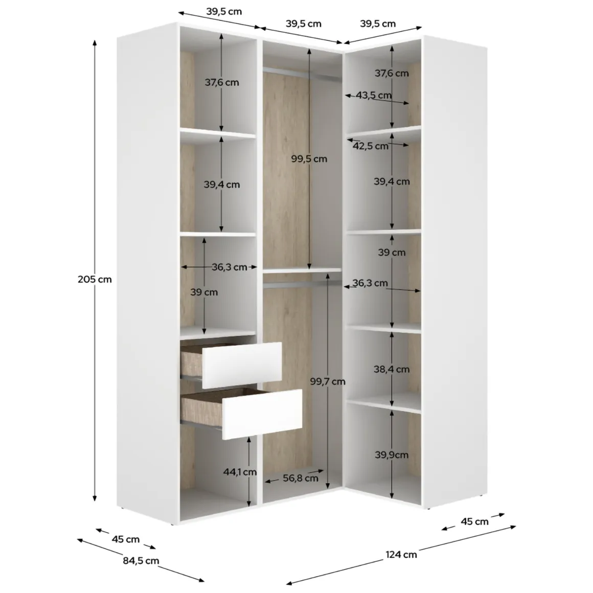 Altri Guardaroba > Dmora Guardaroba Grande Bianco Marrone Rovere Nodi 4 Ripiani 2 Cassetti 179x226.5h cm, Appendiabiti - Merlino Marrone, Bianco Rovere Nodi