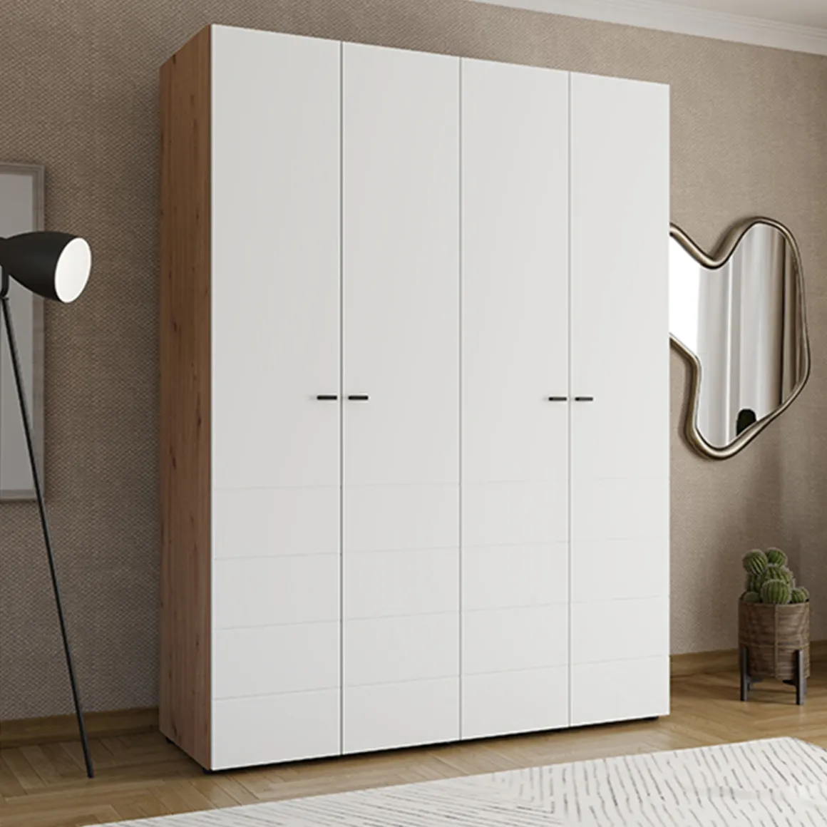Guardaroba Grande Bianco Marrone Rovere Nodi 4 Ripiani 4 Ante 155x208h cm, 6 Vani - Soris