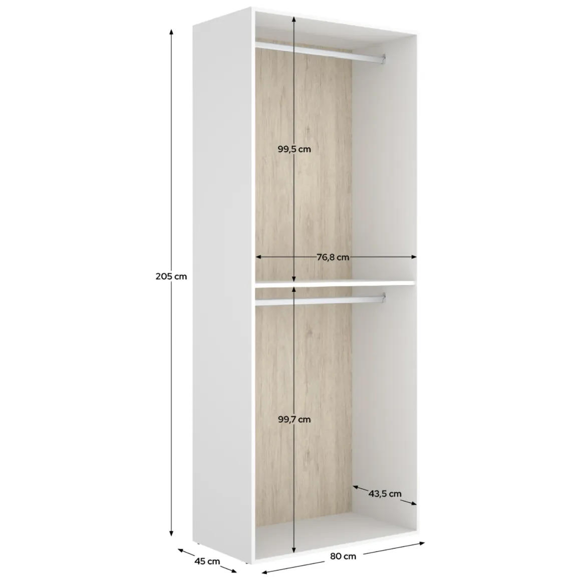 Guardaroba Grande Bianco Marrone Rovere un Ripiano Appendiabiti 45x205h cm, Cassetti - Ashebrook
