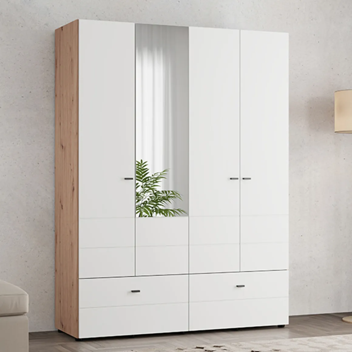 Guardaroba Grande Bianco Opaco Marrone Rovere Nodi 2 Ripiani 2 Cassetti 155x208h cm, Appendiabiti - Spigno
