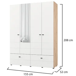 Guardaroba Grande Bianco Opaco Marrone Rovere Nodi 2 Ripiani 2 Cassetti 155x208h cm, Appendiabiti - Spigno