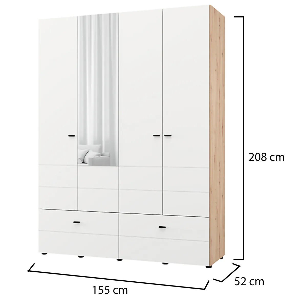 Guardaroba Grande Bianco Opaco Marrone Rovere Nodi 2 Ripiani 2 Cassetti 155x208h cm, Appendiabiti - Spigno