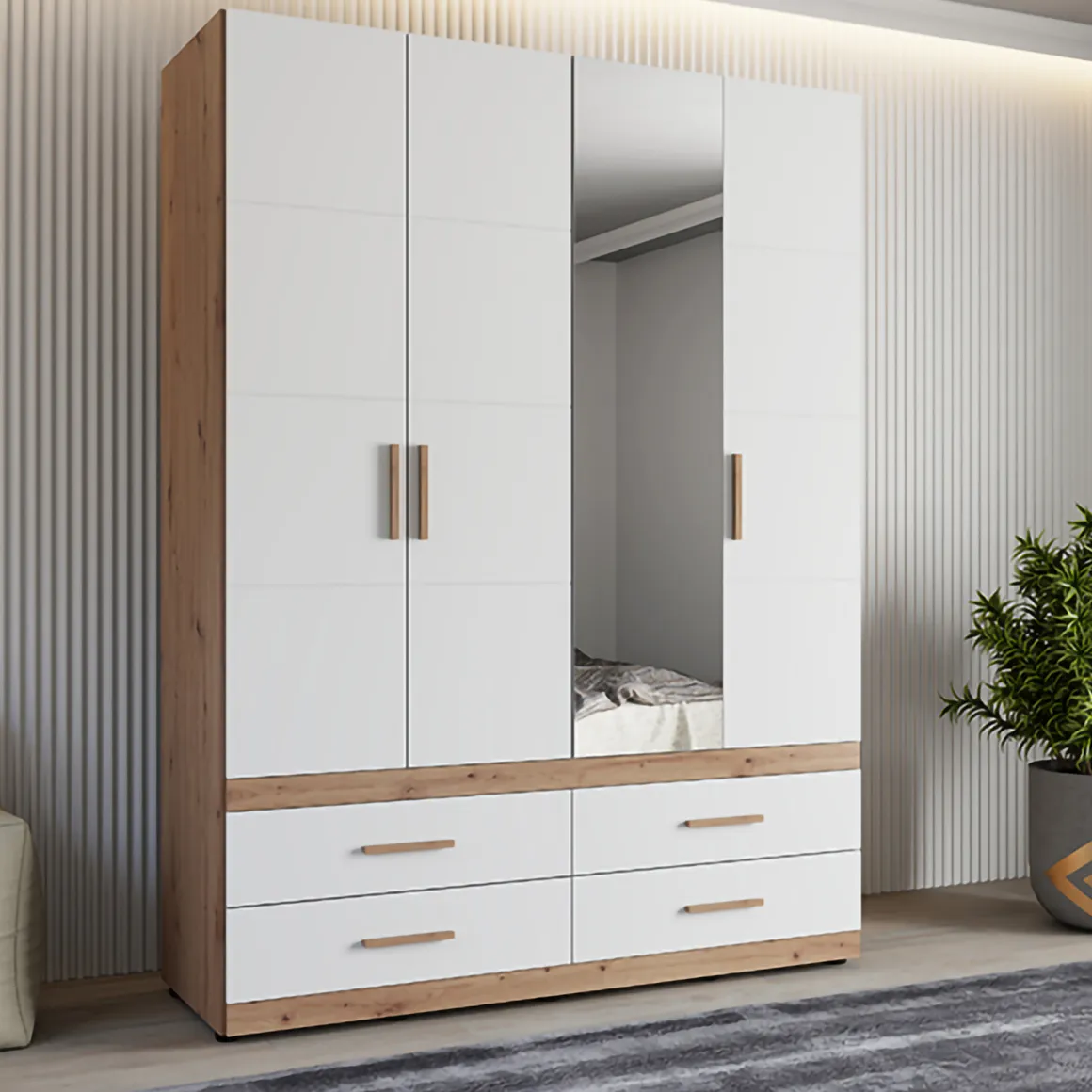 Guardaroba Grande Bianco Opaco Marrone Rovere Nodi 4 Cassetti 2 Ripiani 155x208h cm, Appendiabiti - Taxco