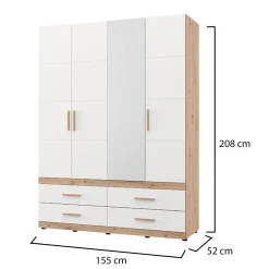 Guardaroba Grande Bianco Opaco Marrone Rovere Nodi 4 Cassetti 2 Ripiani 155x208h cm, Appendiabiti - Taxco