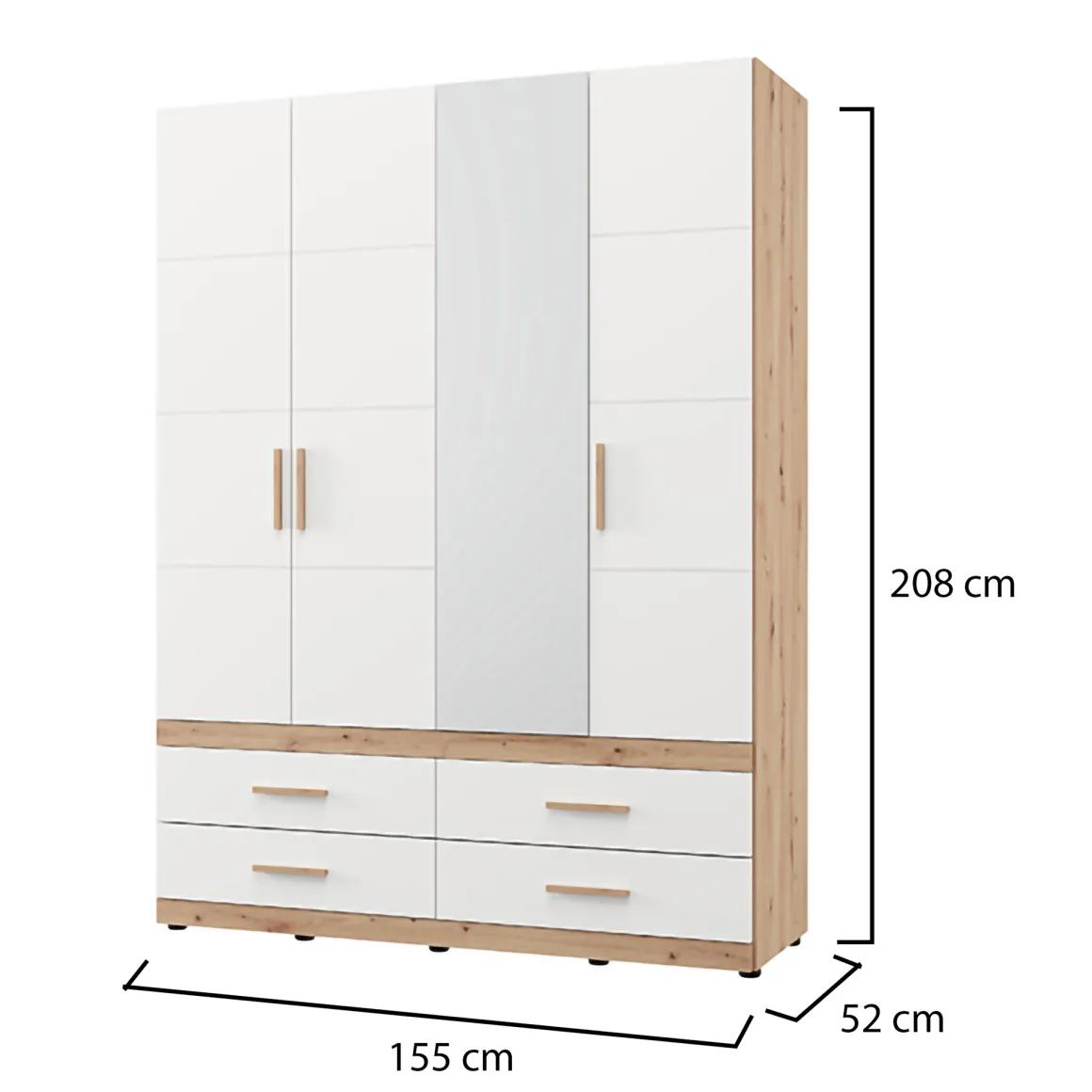 Guardaroba Grande Bianco Opaco Marrone Rovere Nodi 4 Cassetti 2 Ripiani 155x208h cm, Appendiabiti - Taxco