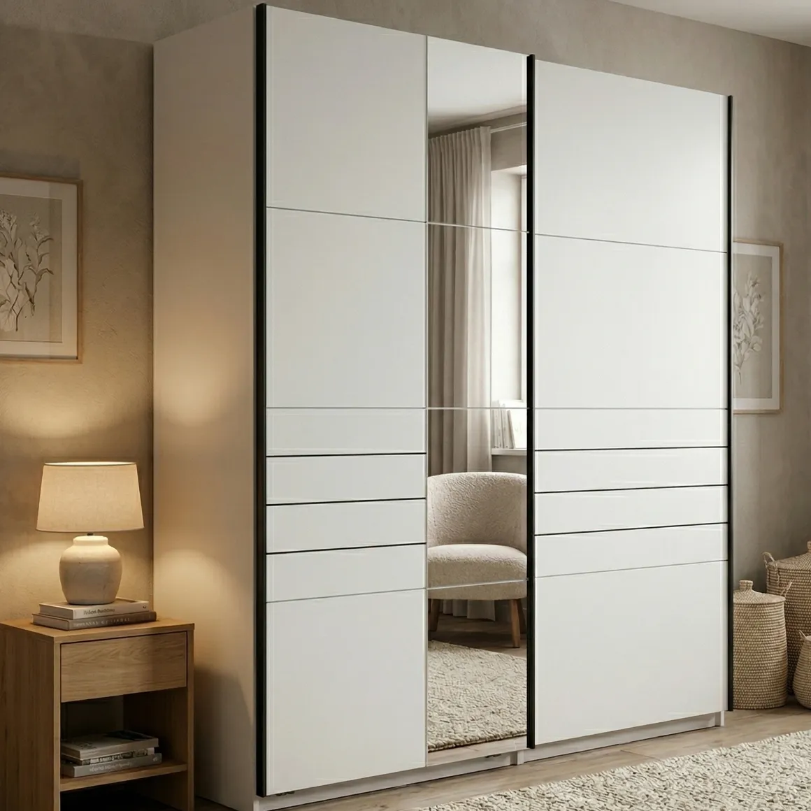 Guardaroba Grande Bianco Opaco Nero Appendiabiti 2 Ripiani 145.5x217.5h cm, Apertura Scorrevole - Vialone