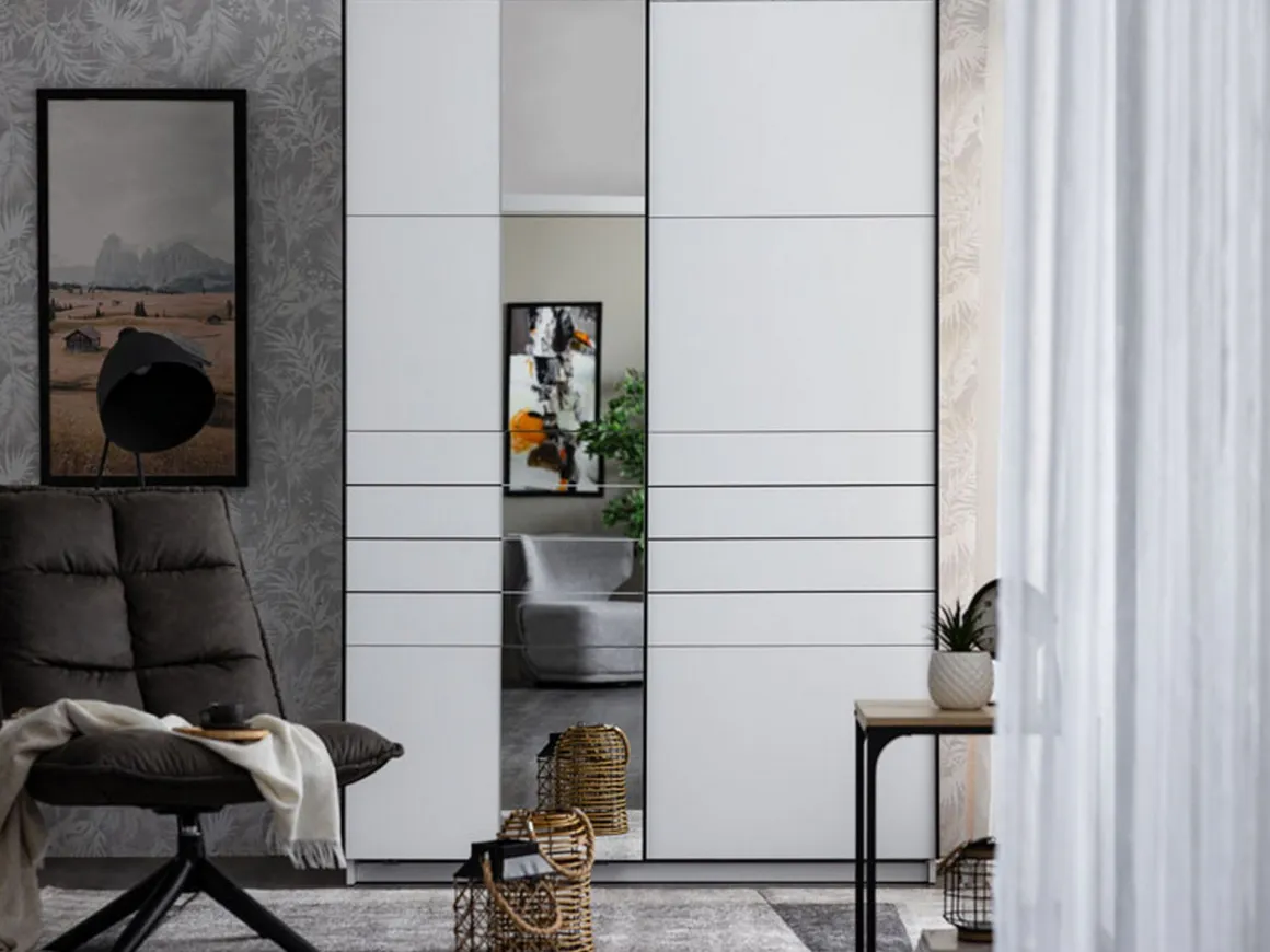 Guardaroba Grande Bianco Opaco Nero Appendiabiti 2 Ripiani 145.5x217.5h cm, Apertura Scorrevole - Vialone