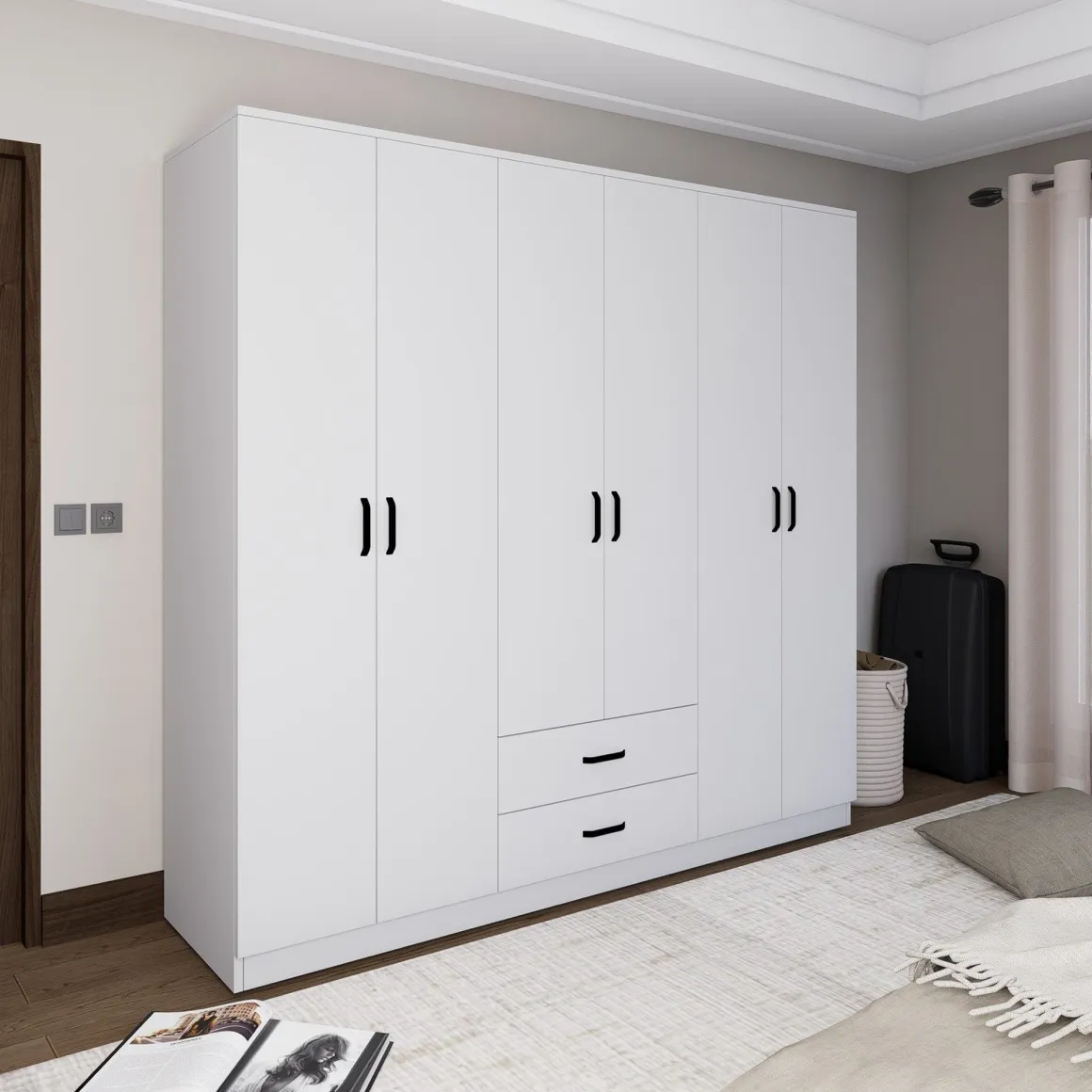 Guardaroba Grande Bianco 6 Ripiani Appendiabiti 180x190h cm, 2 Cassetti - Copiano