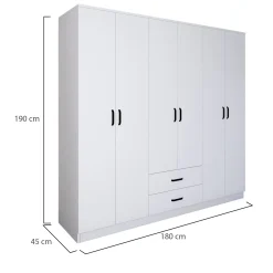 Guardaroba Grande Bianco 6 Ripiani Appendiabiti 180x190h cm, 2 Cassetti - Copiano